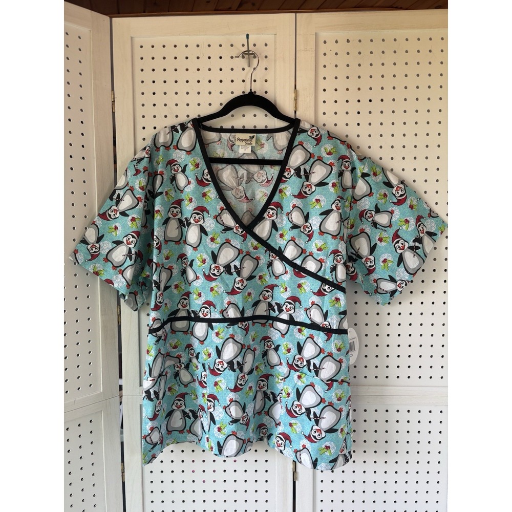 Peppermint Scrubs Top Short SLV Christmas‎ Penguin Winter Women's 2X NWT